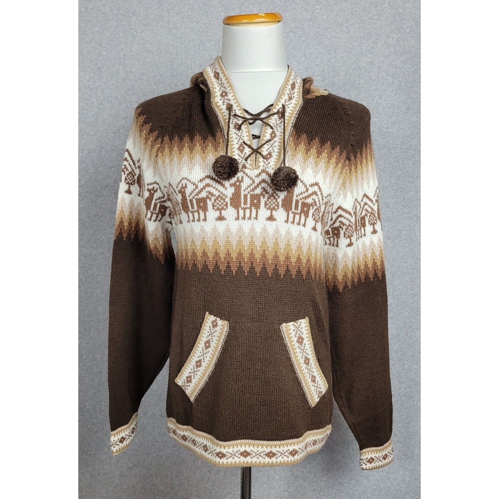 Alpaca Warehouse Brown Llama Intarsia Lace Up Hooded Sweater Medium NEW